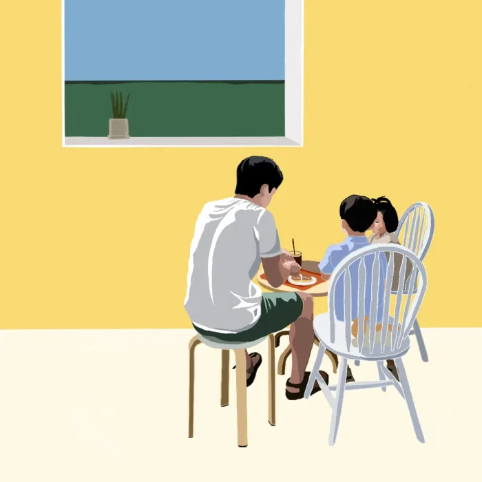 Illustration of a father and daughter sharing a meal — the family roots behind HI Banzai